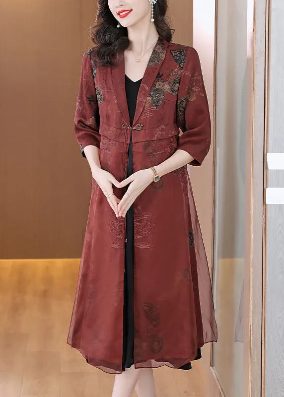 Vintage Brick Red Embroideried Silk Cardigans Bracelet Sleeve LY1005