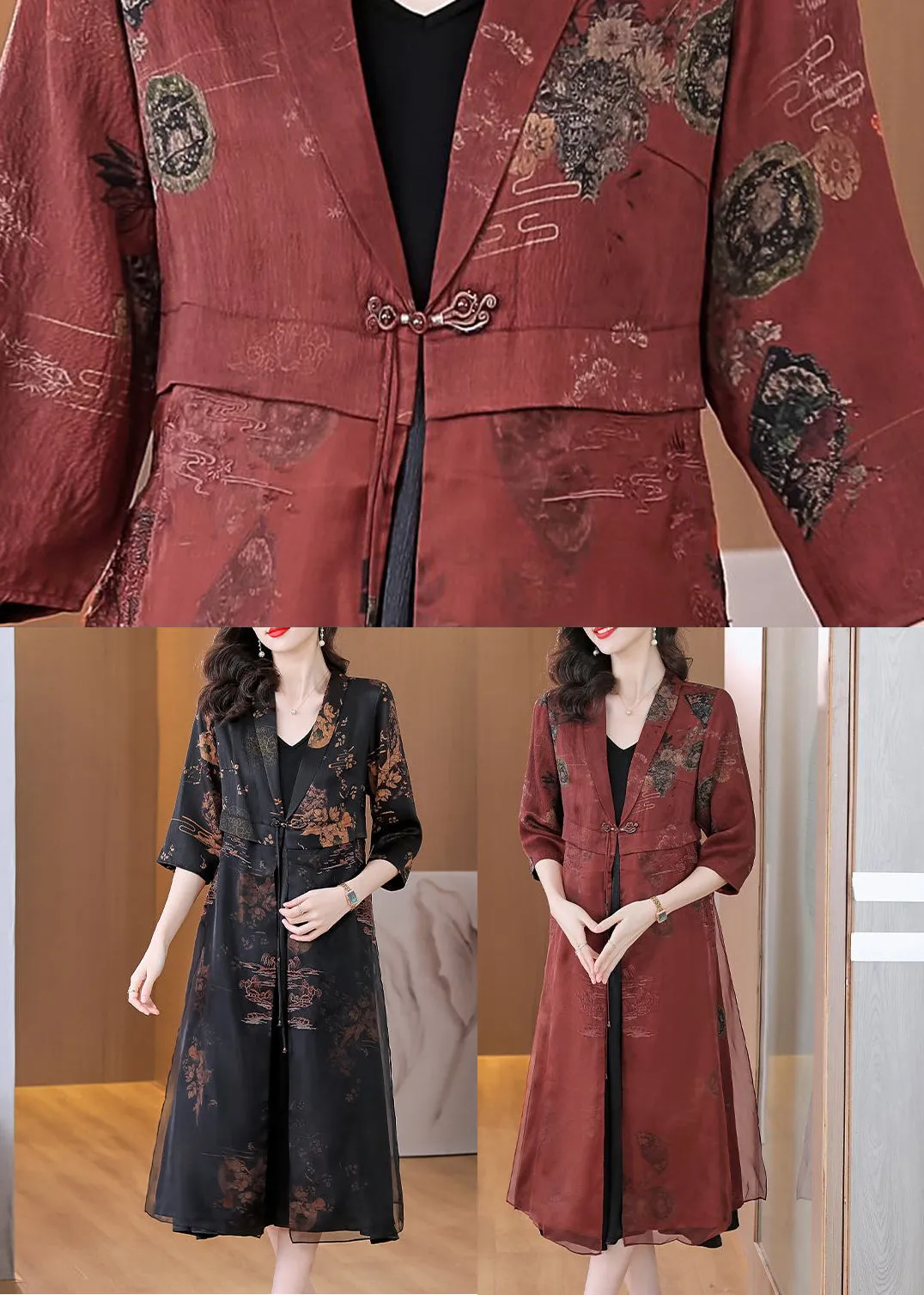 Vintage Brick Red Embroideried Silk Cardigans Bracelet Sleeve LY1005