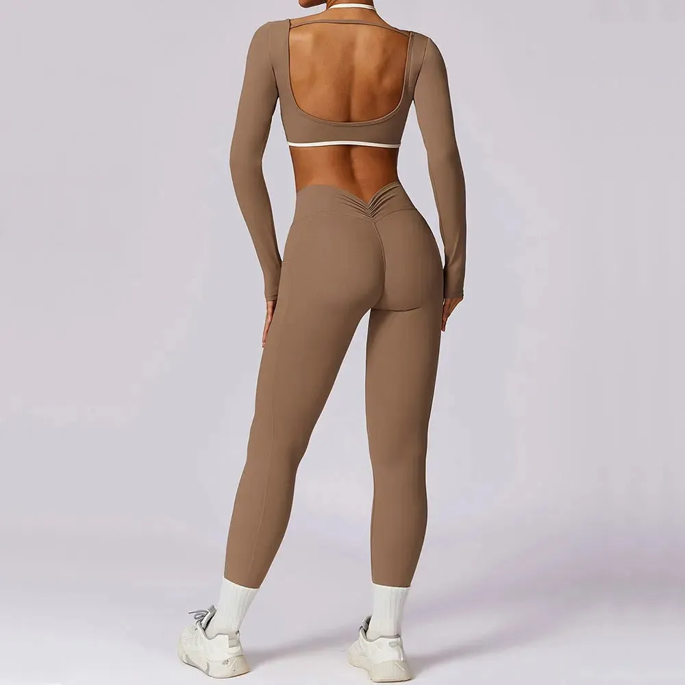 Yoga Set with Long Sleeve Crop Top and High Waist Leggings