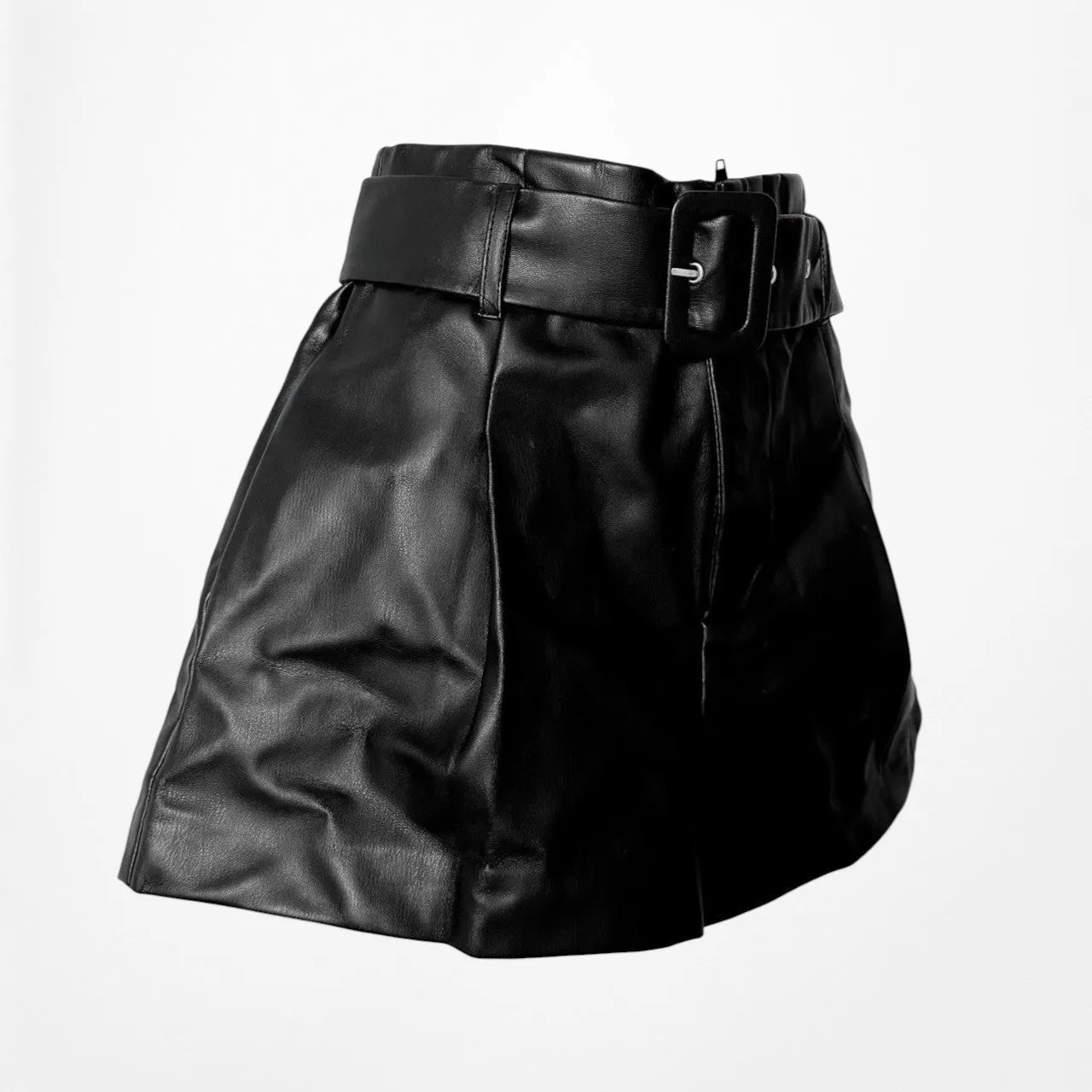 Zara Black Paperbag Style High Waisted Belted Faux Leather Shorts Size XS/S